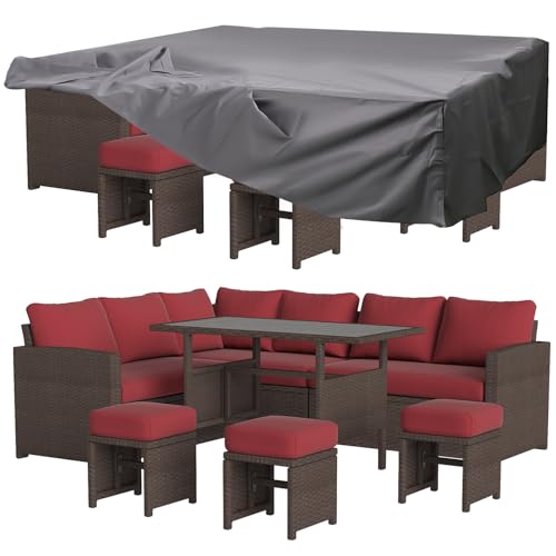 Image of U-MAX 7 Pieces Patio Furniture Set with Waterproof Cover, Outdoor Sectional Sofa Conversation Set, All Weather Wicker Rattan Dining Table & Chair with Ottoman, Brown Rattan&Wine Red Cushion