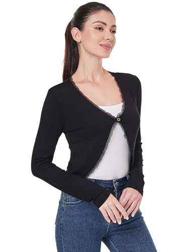 Image of AmelieBoutik Women Long Sleeve Lace Trim Open Front Bolero Shrug Cropped Cardigan