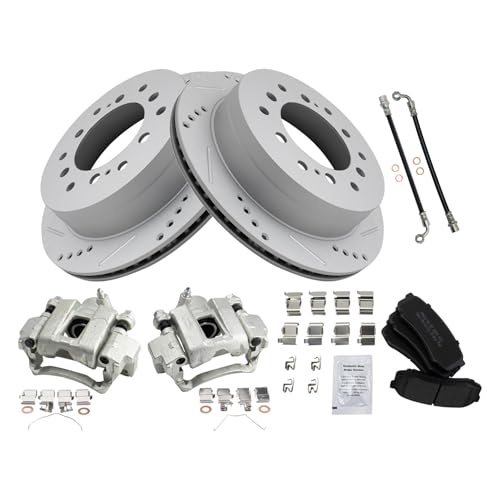 Image of TRQ Performance Rear Brake Pad and Rotor Set Semi Metallic Slotted Drilled Calipers Compatible with 2003-2009 Lexus GX470