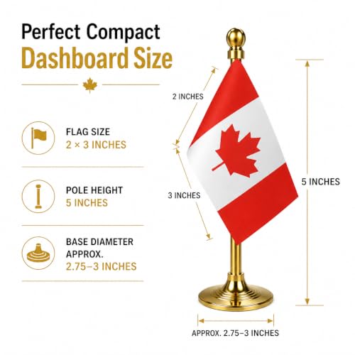 Image of The Flag Company Country flag for car dashboard | 2x3 Inch Flag with Elegant Golden Base & Pole | Car Dashboard Flag (Canada)