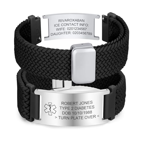 Personalisierte Notfallarmband Medizinisches Alarm Armband - Verstellbare Elastische Nylon Strap SOS ID Armband Gravur Allergie Epilepsie Diabetes Telefonnummer Notfall Armbänder für Herren Damen Personalisierte Notfallarmband Medizinisches Alarm Armband - Verstellbare Elastische Nylon Strap SOS ID Armband Gravur Allergie Epilepsie Diabetes Telefonnummer Notfall Armbänder für Herren Damen