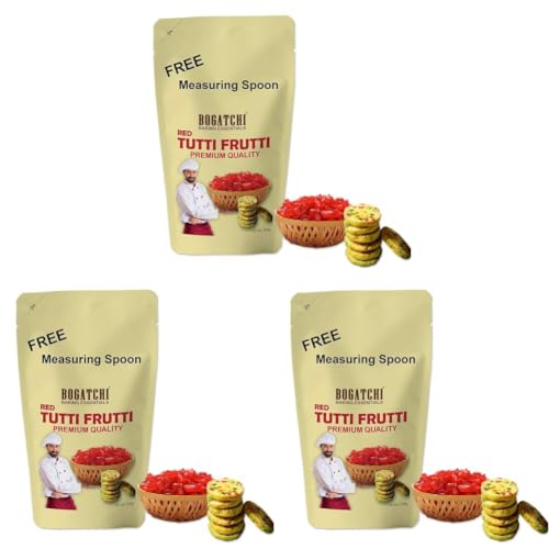 Image of BOGATCHI Red Tutti Frutti for Decorations, Sprinkles for Cakes and Ice-Creams, Red Tutti Frutti, Delicious and Tasty, 200g with Free Measuring Spoon (Pack of 3)