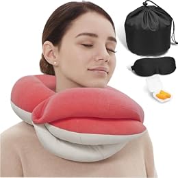 BUYUE Travel Neck Pillows for Airplanes, Memory Foam 360° Head Support Sleep for Long Flight, Skin-Friendly & Breathable, Kit with Eye Mask, Earplugs and Storage Bag (Adult, Pink, 90+ lbs)