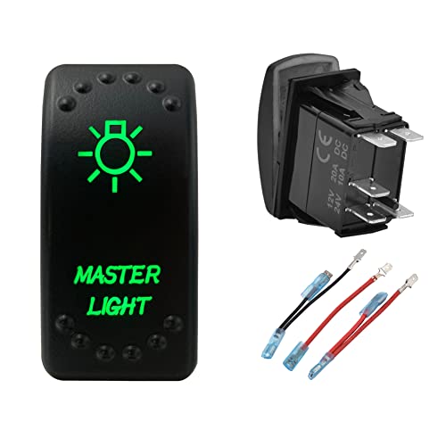 Image of Green Backlit Rocker Switch 5 Pin ON-Off Laser Etched Button Switch with Wires for Car Marine Boat UTV 20A /12V 10A /24V (Master Light)