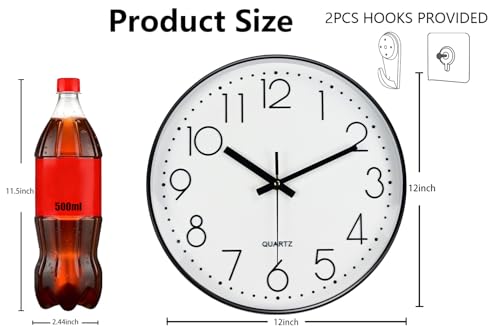 Image of Modern Silent Wall Clock - 12 Inch Wall Clocks Battery Operated Large Number, Non-Ticking Analog Clock with Tempered Glass Quartz Clocks for Living Room Bedroom Office Kitchen, White Black