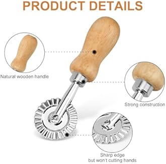 TACGEA Ravioli Stamp Maker Cutter with Roller Wheel (Set of 4), Wooden Handle and Fluted Edge, for Ravioli, Pasta, Dumplings Lasagna, Pierogi