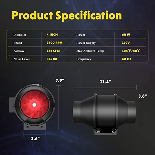 Ipower 4 Inch 200 Cfm Inline Duct Ventilation Fan With Variable Speed Controller For Grow Tent/Hydroponics/Indoor Garden, Black #TOP1