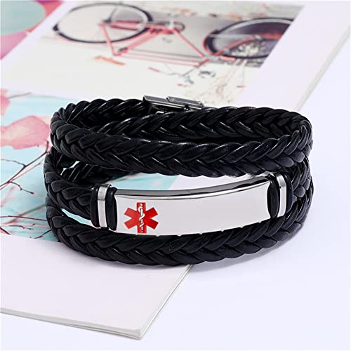 Personalized Medical Alert ID Wrap Leather Bracelet for Men Women, Custom Disease Awareness Emergency Life Saving Alarm Bangle,Free Engraving Medic Identification Jewelry for Patient3