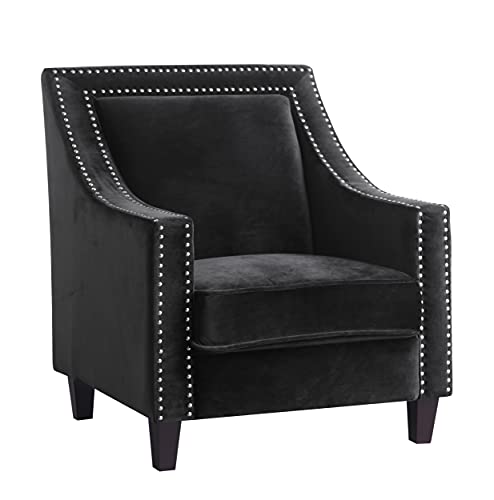 Iconic Home Camren Accent Club Chair Velvet Upholstered Swoop Arm Silver Nailhead Trim Espresso Finished Wood Legs Modern Contemporary, Black,Fac2993-An #TOP3
