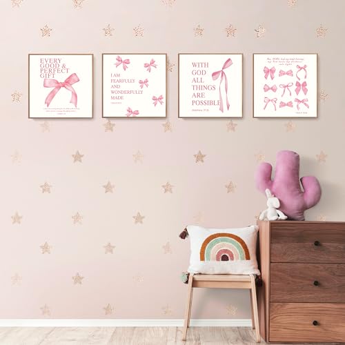 Image of LARTSFRO Coquette Pink Bow Wall Art Decor Posters, Pink Bow Christian Room Bathroom Bedroom Dorm Wall Art Decor Aesthetic for College Teen Girls Gifts, Inspirational Bible Verses Bow Wall Decor, 8x8 Inch Set of 4 Pcs Bow Pictures (UNFRAMED)