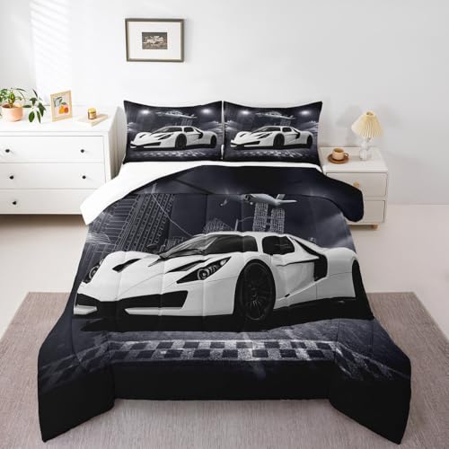 Image of Feelyou Race car Airplane Comforter Set Black Grey White Speed Sports Car Bedding Set for Kids Teens Racing Car Comforter Extreme Sports Duvet Set Decor Quilt 3Pcs King Size Boys
