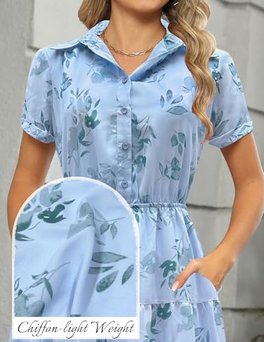 Image of Kranda Women 2026 Summer Collared V Neck Short Sleeve Button Down Chiffon Long Tiered Floral Maxi Dress with Pockets