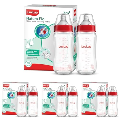 Image of LuvLap Natura Flo Wide Neck Glass Feeding Bottle, New Born /Infants /Toddler Upto 3 Years, BPA Free, Ergonomic Shape is Easy to Hold, with Anti Colic Nipple, Pack of 8, 250ml