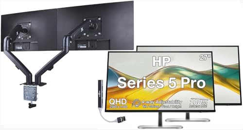 Image of HP Series 5 Pro 27 Inch QHD IPS Monitor with 5ms Response Time 2 Pack | 4-way adjustability, Anti-Glare, Flicker Free, VESA Mount 100mm, Displayport, HDMI, Silver /Black w /DKZ Hub & Dual Mount Arms