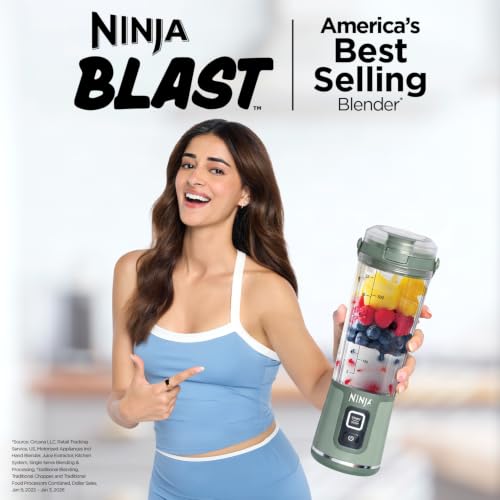 Image of Ninja Blast Portable Cordless Blender (BC151INEM) - 530ml | USB-C Rechargeable | Crushes Ice & Frozen Fruit | BPA Free, Leak-Proof Travel Lid Forest Green