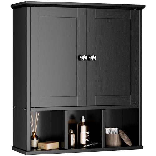 Meilocar Bathroom Wall Cabinet Bathroom Cabinet Wall Mount with 2 Doors and 3 Open Shelves Over the Toilet Wood Medicine Cabinets for Laundry Room Black