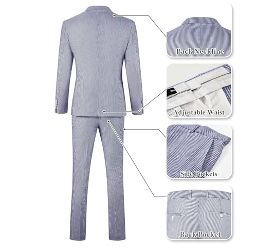 Wehilion Men Suits 2 Pieces Blue Seersucker Suit Slim Fit Formal Bussiness Wedding Prom Dress Tux Summer Suit for Men Suit Jacket Pants Blue 4XL4