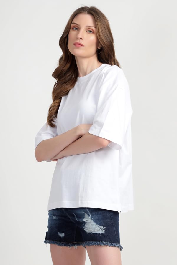 Image of Oversized Baggy Fit Drop Shoulder Half Sleeves Round Neck Solid Pure 100% Cotton T-Shirt for Women (Available in White, Black,Navy Color)