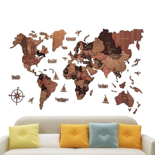 Mapa Del Mundo De Madera- Decoración De Pared 3d Detallada De 100x60 Cm, Acento Moderno En El Hogar, Pieza Decorativa, Diseño De País Con Una Construcción Duradera | Arte De Pared De Mapa Con Estilo D