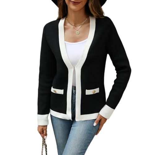 Women's Open Front Cardigan Sweaters with Trim, Long Sleeve Knit Cardigan Casual for Fall and Winter
