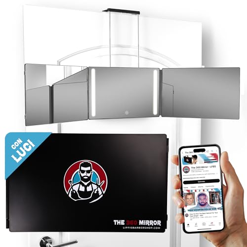 Specchio da taglio a 360 gradi - Altezza regolabile con ganci - Specchio pieghevole a 3 lati - Spechio da barbiere - Specchi da parrucchiere per uomo - Specchioo trittico da barbiere (I Con LED I)