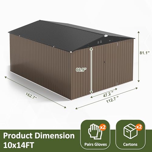 Image of AirWire 10x14 FT Outdoor Storage Shed, Large Garden Shed with Updated Frame Structure and Lockable Doors, Metal Tool Sheds for Backyard Garden Patio Lawn, Brown