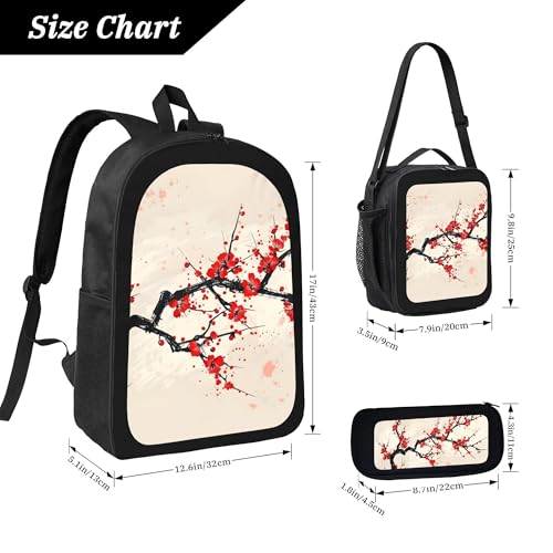 Flower Plum Blossom Japanese 3 Pcs 17 Inches Backpack Set With Insulated Lunch Bag And Pencil Pouch Large Back Pack For Men Women Lunchbox Pencil Case Waterproof Backpacks Lunch Box 3 Piece Daypacks4