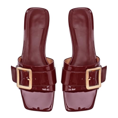 Image of Women's Slide Heeled Sandals Opened Square Toe Chunky Block Heel Slippers with Buckle Slip on Casual Comfortable Pumps