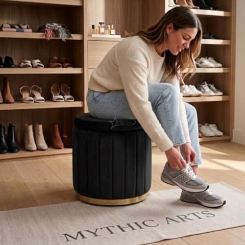 Image of Superior Round Storage Ottoman Stool 13 X 13X 16 inch, with Gold Metal Base | Elegant Pouffe with Secret Storage | Cushioned Footrest for Living Room, Bedroom, and Lounge Black