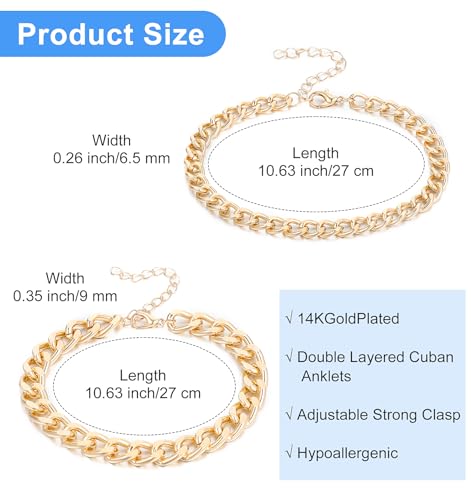 Image of 2PCS Gold Anklets for Women, Waterproof Minimalist Cuban Link Chain Dainty Layered Ankle Bracelets Adjustable Size, Minimalist Jewelry for Women's Stylish