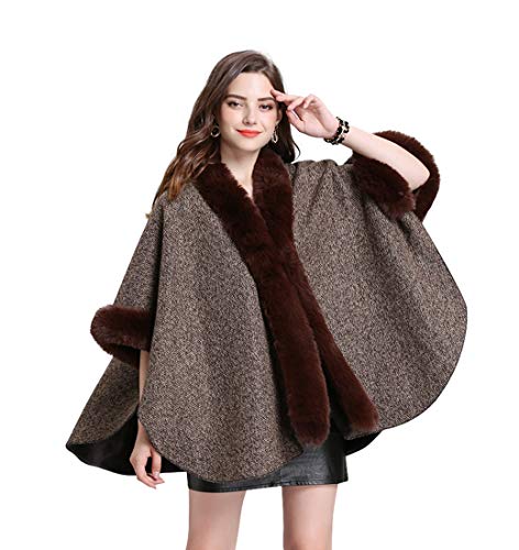 FOLOBE Women Faux Fur Cloak Poncho Cape Coffee
