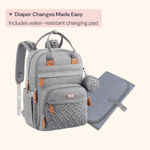 BabbleRoo Baby Changing Bag Backpack, Nappy Changing Back Pack Diaper Bags with Changing Mat & Pacifier Holder for Mom & Dad (Light Grey) - Image 6