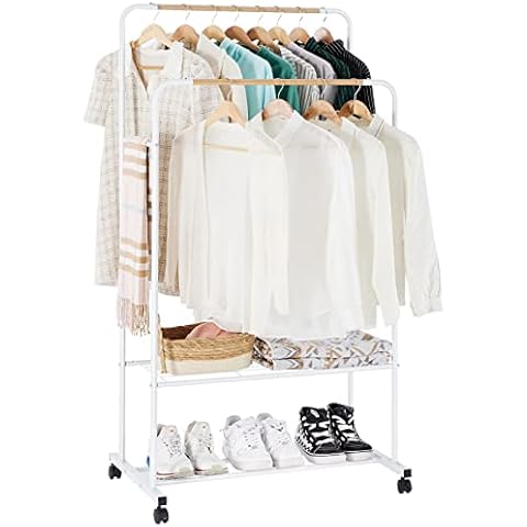 YOUDENOVA Burro Ropa con Ruedas y 2 Estantes, Blanco Cover