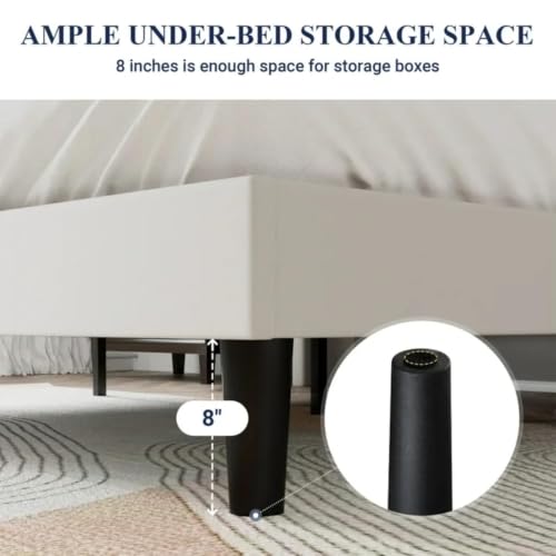 Image of HITHOS Frosted Solid Wood Modern Upholstered King Size Bed with Wingback Headboard | Wooden Double Bed Cot Palang Furture Without Storage (Cream)