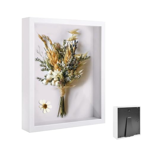 3D Marco de Fotos, Marcos de Sombra de Flores 21 x 30 cm, con Placa Acrílica Transparente, Cuadrado Marco Vitrina de Madera Profundo 3 cm, para Fotos, Ramos de Novia(Blanco)