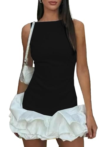 Image of Unybwonn Women Ruffle Bubble Mini Dress Sleeveless Ruched Hem Bodycon Dresses a Line Mock Neck Tank Short Dress