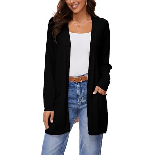Women's 100% Cotton Lightweight Open Front Cardigans with Pockets Oversized Knit Casual Sweaters Outwear Black Small