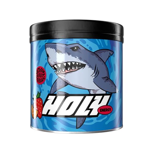 HOLY Energy Gaming Booster Flavour Powder | 50 portions with NewCaff & Green Tea Extract | Focus Booster - Focus Drink | Vegan with 100% natural fruit flavours (350 Grams, Strawberry Shark)