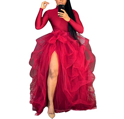 Women  s A-Line Puff Mesh Skirt,Tulle Floor Length Layered High Waist Half-Dress Split Princess Skirt (Red, One Size)