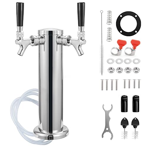 MRbrew Dual Faucet Beer Tower Draft Beer Kegerator Tower Beer Dispenser Beer Tap Tower, Stainless Steel Tower 3'' Keg Tower Pre-assembled Line Beer Faucet Dispenser Kit For Home, Bar, Party