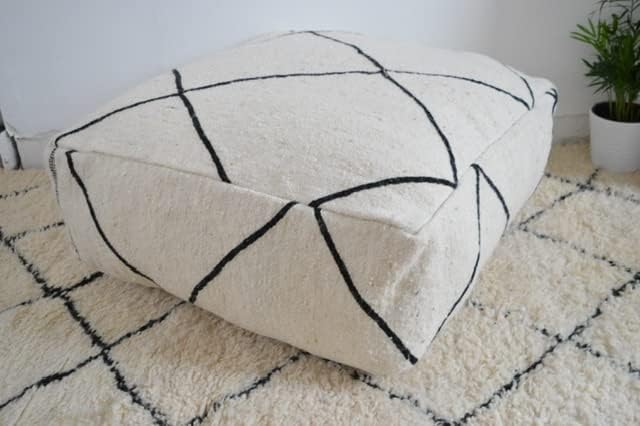 Pouf Handmade Beni Ourain Pouf Berber Floor Cushion Ottoman Boho Pouf White Black
