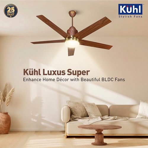 Image of KUHL Luxus Super 1320mm Stylish 65% Power Saving BLDC Ceiling Fan With Remote |Down Light|BEE 5 Rated & ISI Marked|Low Noise| IoT -Operate via Mobile & Alexa |Reverse Mode |Free Installation |Teak
