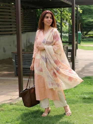 Image of ANNI Designer Women Cotton Blend Straight Fit Printed Kurta Pant Dupatta Set | V Neck Three Quarter Sleeve Ensemble | Soft Breathable Fabric | Comfortable Elegant Styling for Office Casual Wear