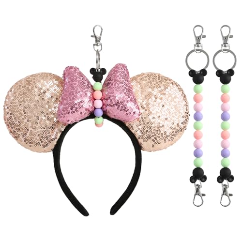 Obavioy 2Pcs Mouse Ear Headband Holders for Backpack Bag Park Trip Essentials Accessories Beaded Lanyard Keychain Purple