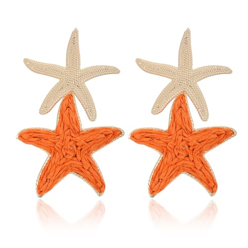 Raffia Starfish Earrings, Raffia Straw Wrapped Starfish Drop Dangle Earrings Summer Tropical Beach Jewelry