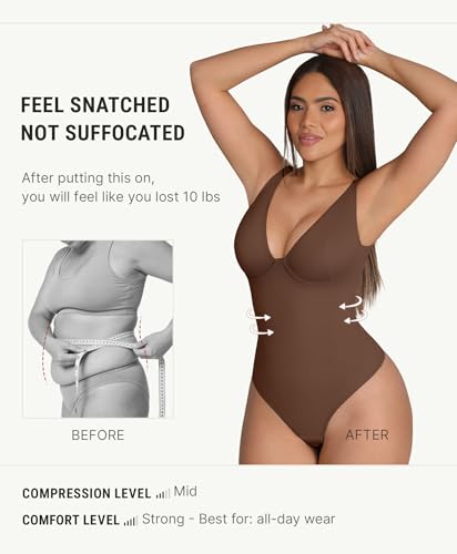Image of FeelinGirl Shapewear Bodysuits for Women Tummy Control Body Suits Deep V Neck Thong Body Shaper