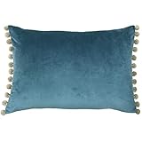 Paoletti Riva Fiesta Rectangular Cushion Cover - Duck Egg Blue - Natural Beige Pompom Edges - Faux Velvet - Reversible - Zip Closure - 100% Polyester - 35 x 50cm (14' x 20' inches)