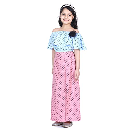 Image of LILPICKS Girls' Poly Crepe Polka Print Off Shoulder Top and Full Skirt Set (Vintage Blue and Dusky Pink)