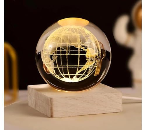 Image of STARKENDY 3D Earth Crystal Ball LED Night Lamp, Creative Engraved Night Light Wooden Base, Warm White Decorative Table Lamp for Home, Office, Bedroom, Birthday Gift