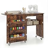 COSTWAY Folding Sewing Table, 2-in-1 Rolling Craft Table with Storage Shelves and Lockable Casters, Space Saving Sewing Machine Cabinet Computer Desk (Rustic Brown)